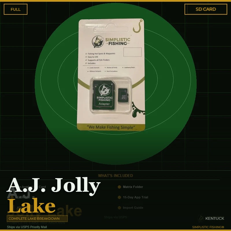 SD card packaging for 'Simplistic Fishing' on a green and black background with 'A.J. Jolly Lake' branding.