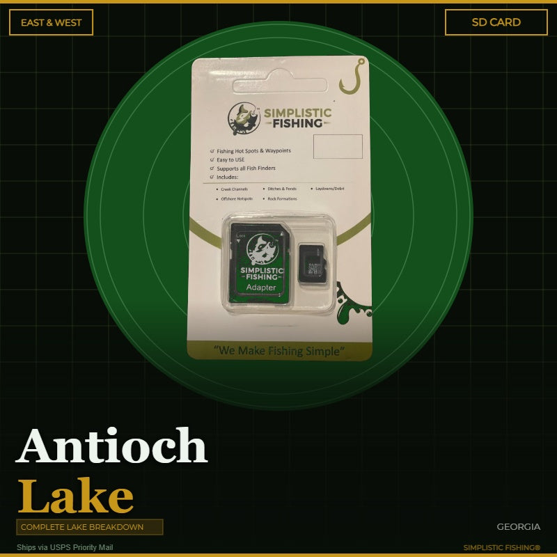 Simplistic Fishing SD card packaging on a green circle with 'Antioch Lake' text.