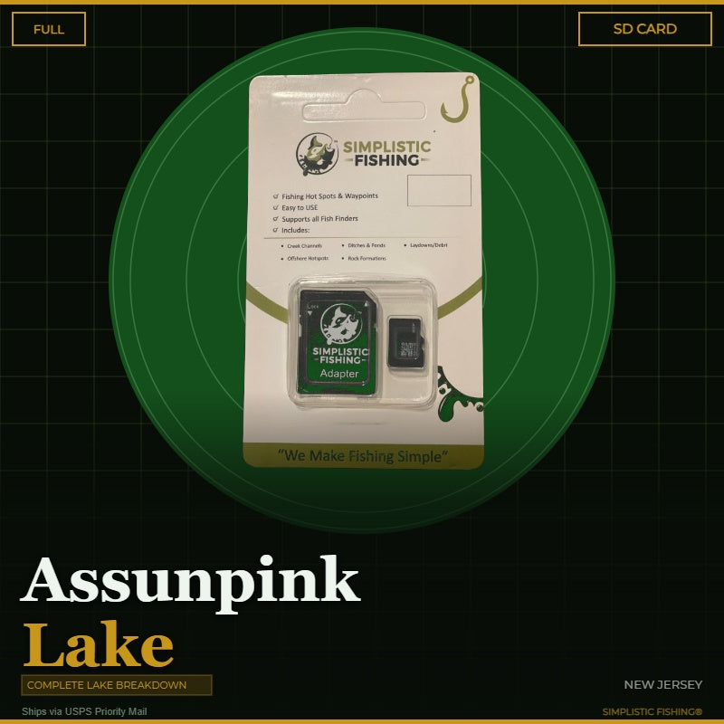 Packaging of Simplistic Fishing products on a green and black background with text about Assumpink Lake.
