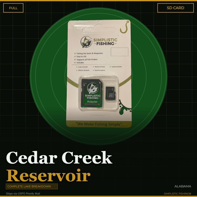 Packaged product for Simplistic Fishing with 'Cedar Creek Reservoir' text on a green circular background.