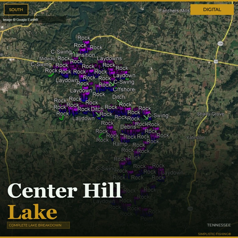 Map of Center Hill Lake with fishing spots marked on a digital interface