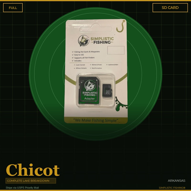 SimpListic Fishing SD Card package on a dark green circular background with a black grid backdrop. The package contains a black SIMPLISTIC FISHING Adapter and an SD Card, mounted on a white backing card with green accents.