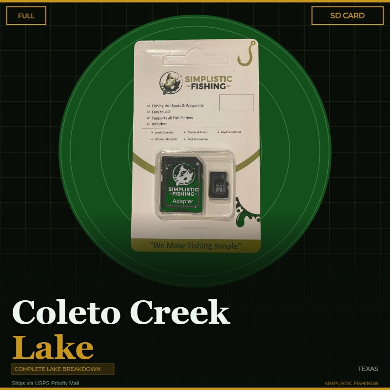Packaged product for Simplistic Fishing on a green circle with text about Coleto Creek Lake, Texas.