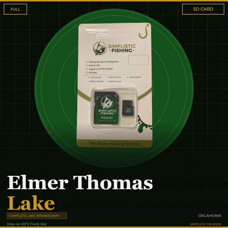 Simplistic Fishing SD card packaging on a green circle with 'Elmer Thomas Lake' text.