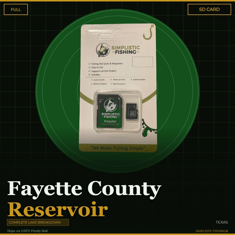 Product packaging for Simplistic Fishing on a green circle with text about Fayette County Reservoir.