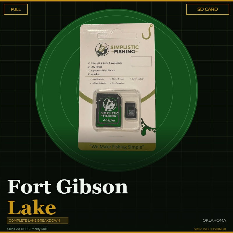 Packaging of Simplistic Fishing SD card with Fort Gibson Lake text on a green circle background