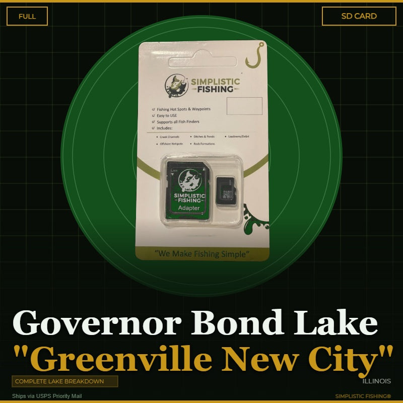 Simplistic Fishing product packaging with text about Governor Bond Lake Greenville New City, Illinois.