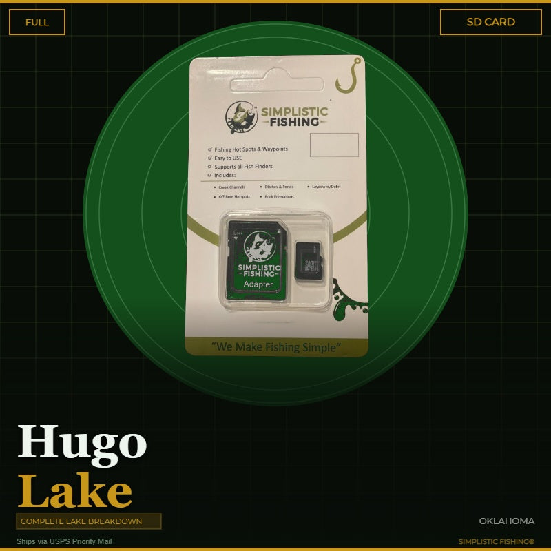 Packaging of Simplistic Fishing SD card and adapter with 'Hugo Lake' and 'Oklahoma' text on a green circle background.