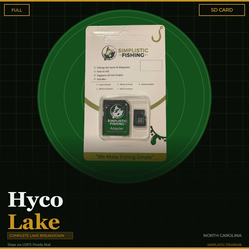Simplistic Fishing SD card packaging on a green circle with 'Hyco Lake' text.