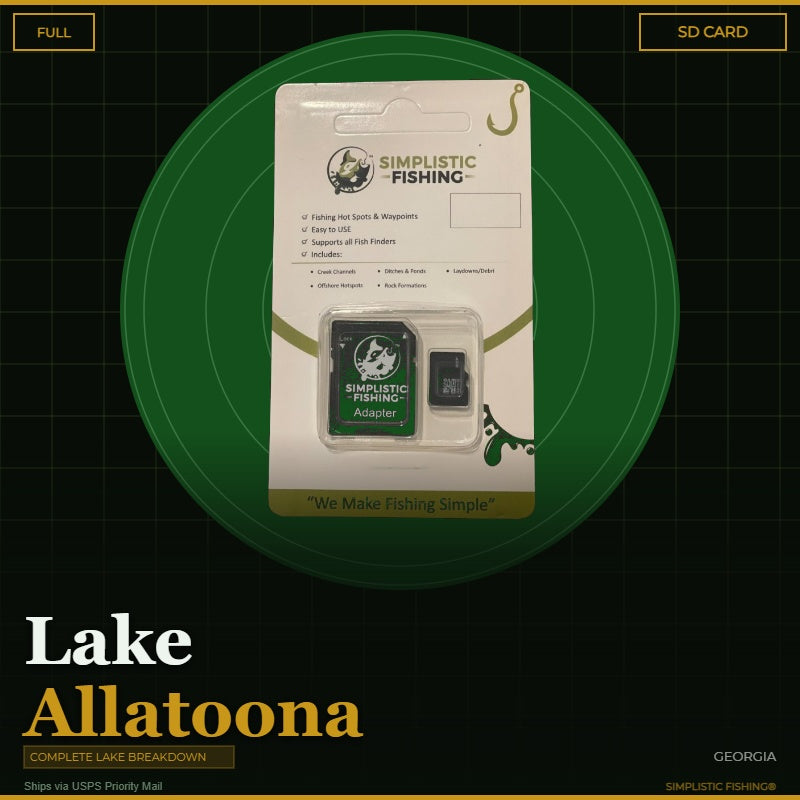 Packaged Simplistic Fishing product on a green circle with 'Lake Allatoona' text.