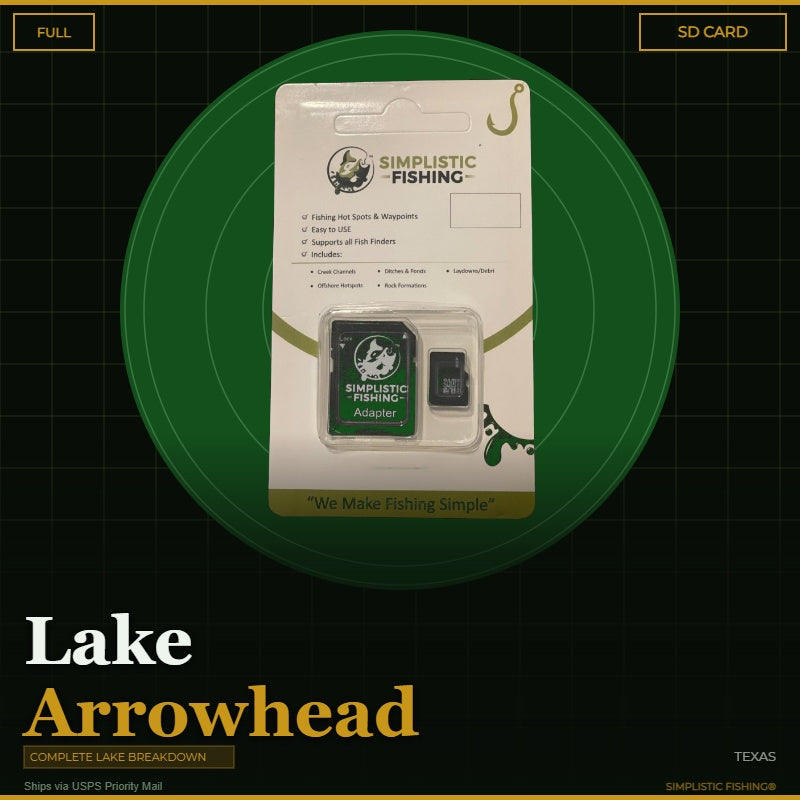 Simplistic Fishing SD card packaging on a green circle with 'Arrowhead Lake' text.