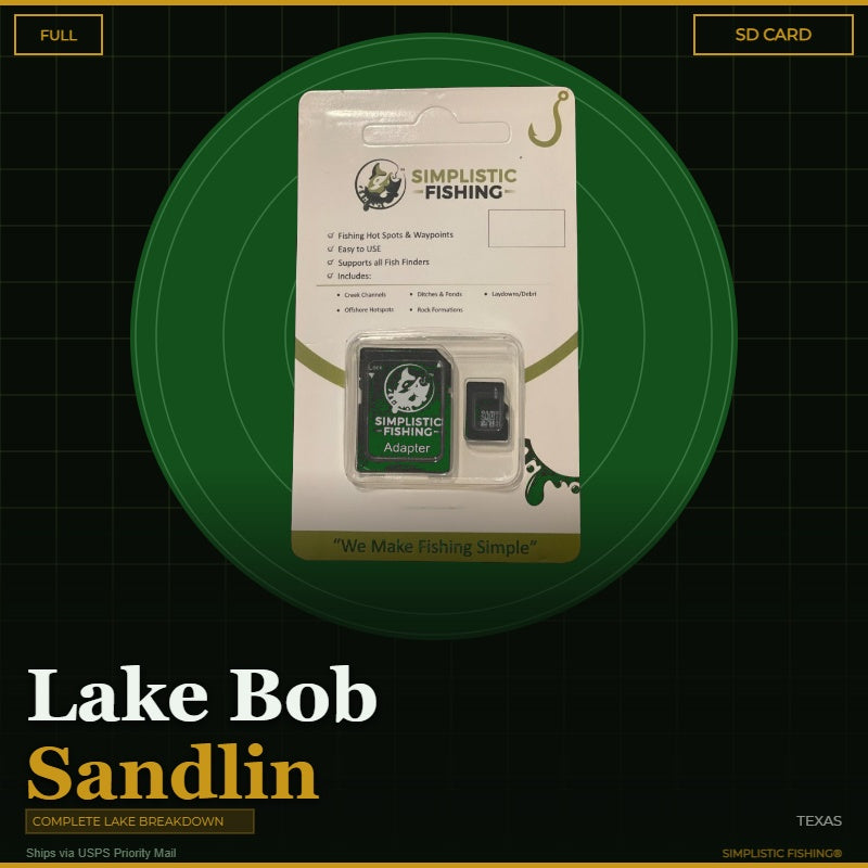 Packaged Simplistic Fishing product with SD card on a green circle background