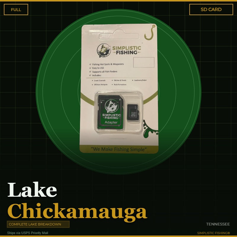 Packaging of Simplistic Fishing products with 'Lake Chickamauga' text on a green circle background
