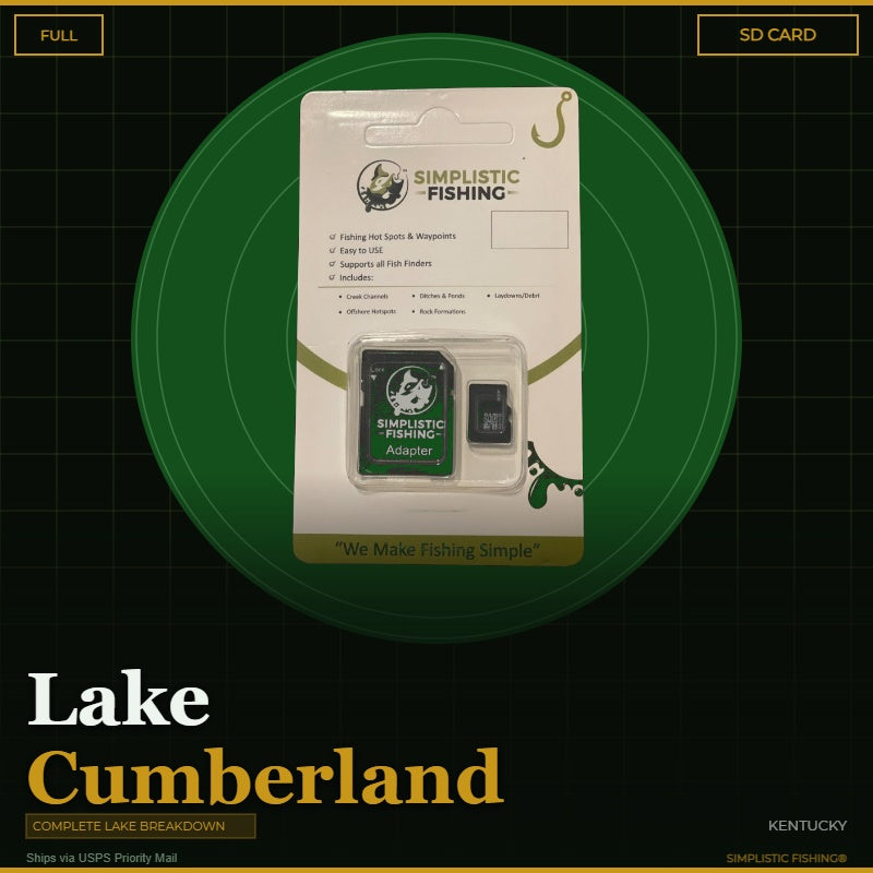 Packaging of Simplistic Fishing SD card and adapter with 'Lake Cumberland' text on a green circle background.