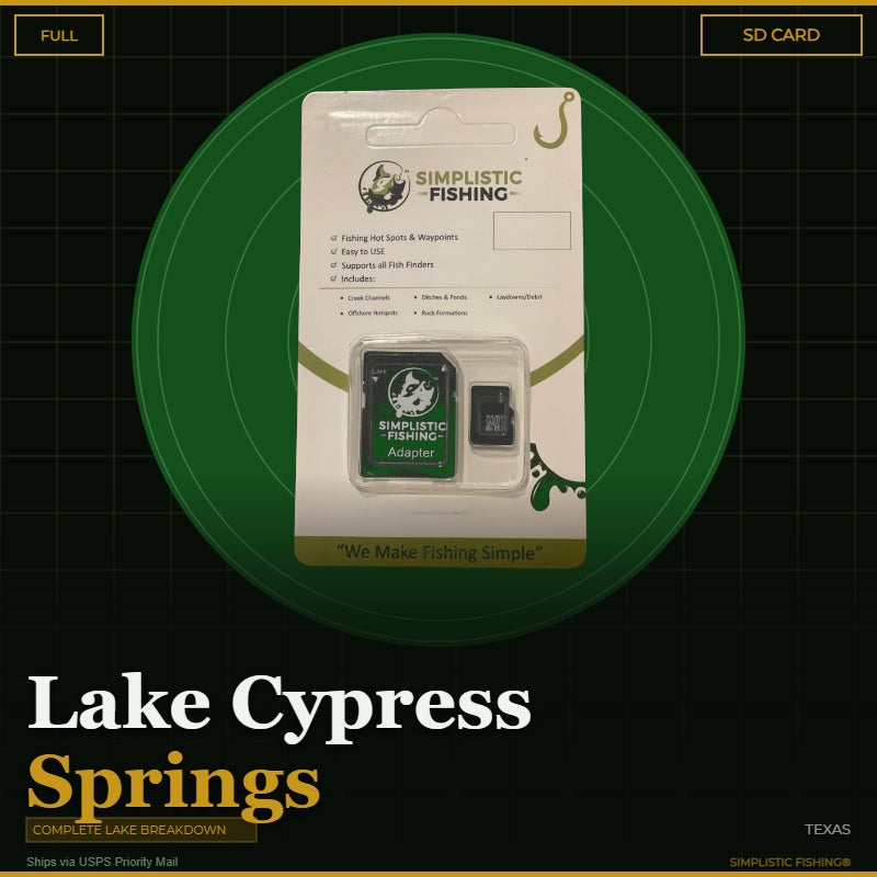 Packaged Simplistic Fishing product with 'Lake Cypress Springs' text on a green circle background