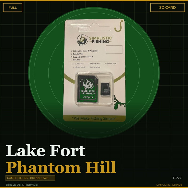 Packaged Simplistic Fishing product with SD card on a green circle background