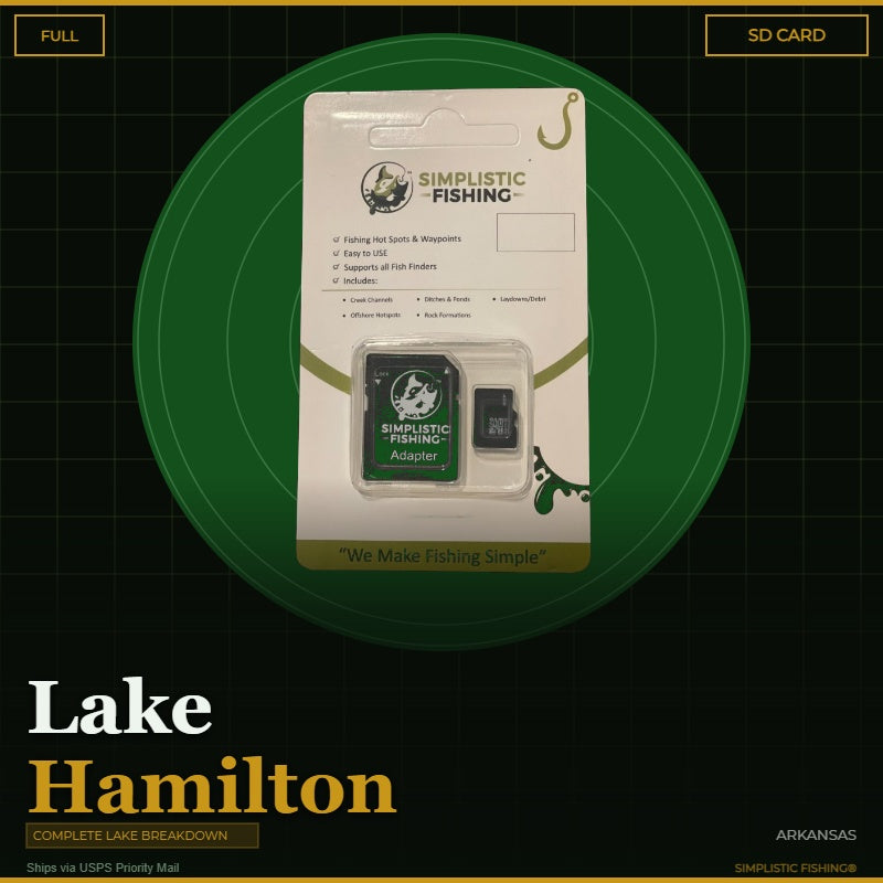 Packaging of Simplistic Fishing products with 'Lake Granbury' text on a green circle background