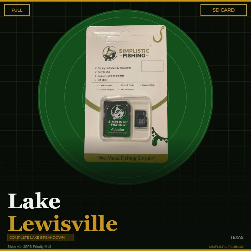 Simplistic Fishing SD card packaging on a green circle with 'Lewisville Lake' text.