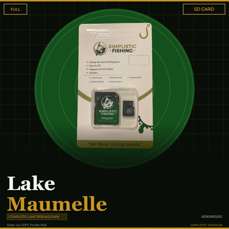 Simplistic Fishing SD card packaging on a green circle with 'Maumelle Lake' text.