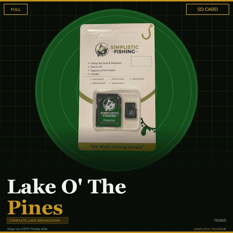 Packaging of Simplistic Fishing SD card with 'Lake O' The Pines' text on a green circle background.
