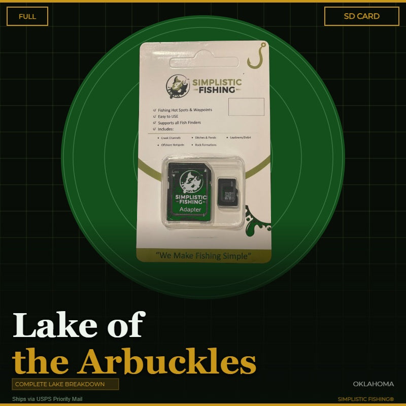 Packaging of Simplistic Fishing SD card adapter on a green circle with text about Lake of the Arbuckles, Oklahoma.