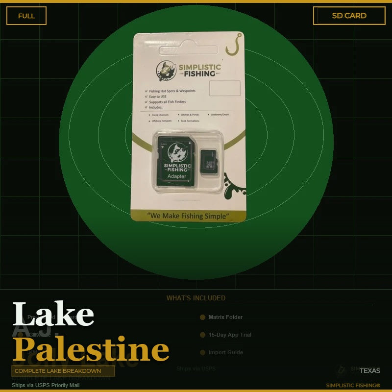 SD card packaging for Simplistic Fishing on a green circle with 'Lake Allatoona' text.