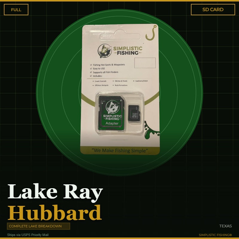 Packaged Simplistic Fishing product with SD card on a green circle background