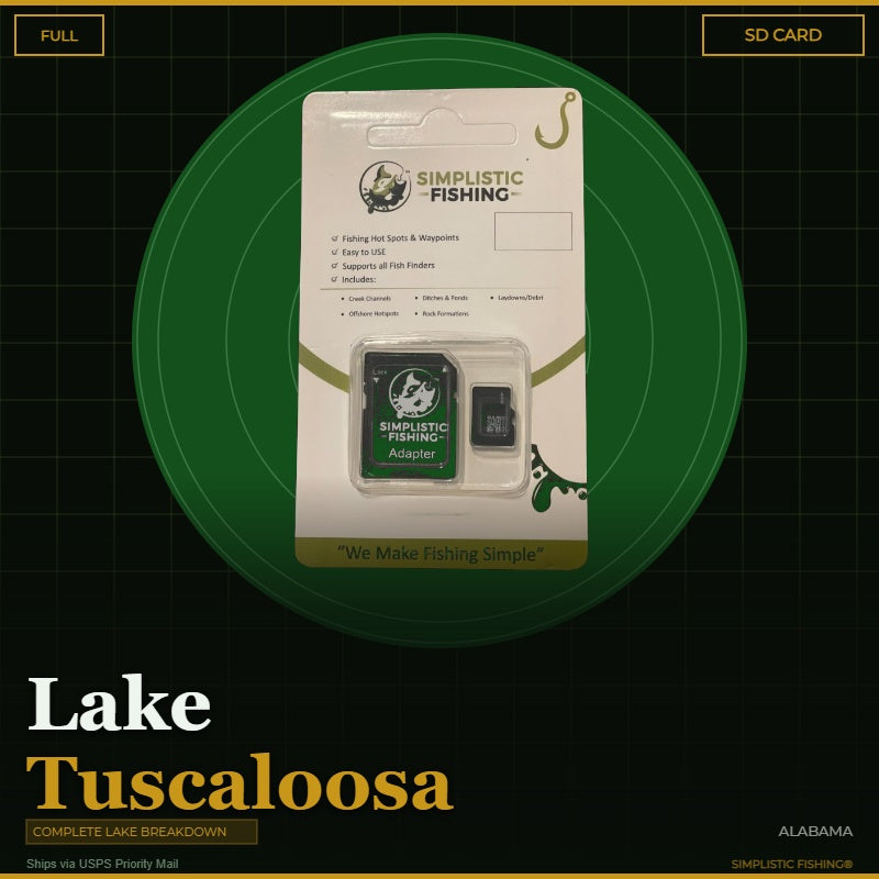 Simplistic Fishing SD card packaging on a green circle with 'Tuscaloosa Lake' text.