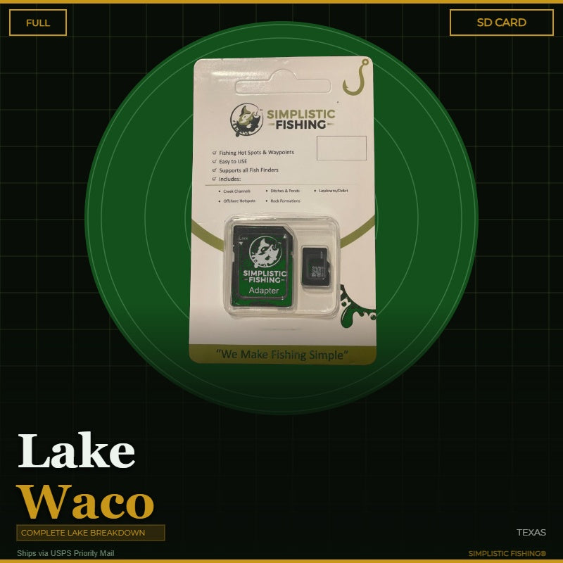 Packaging of Simplistic Fishing products on a green circle with 'Lake Waco' text.