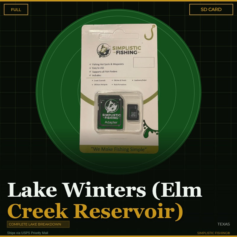 Product packaging for Simplistic Fishing with text about Lake Winters (Elm Creek Reservoir) and Texas.