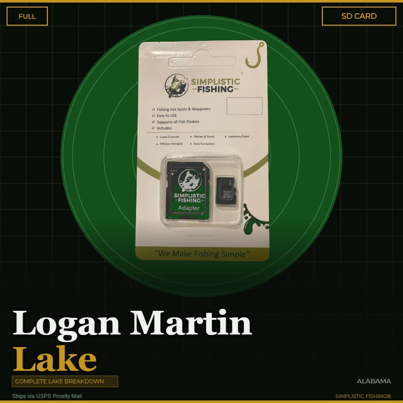 Packaged Simplistic Fishing product with SD card on a green and black background