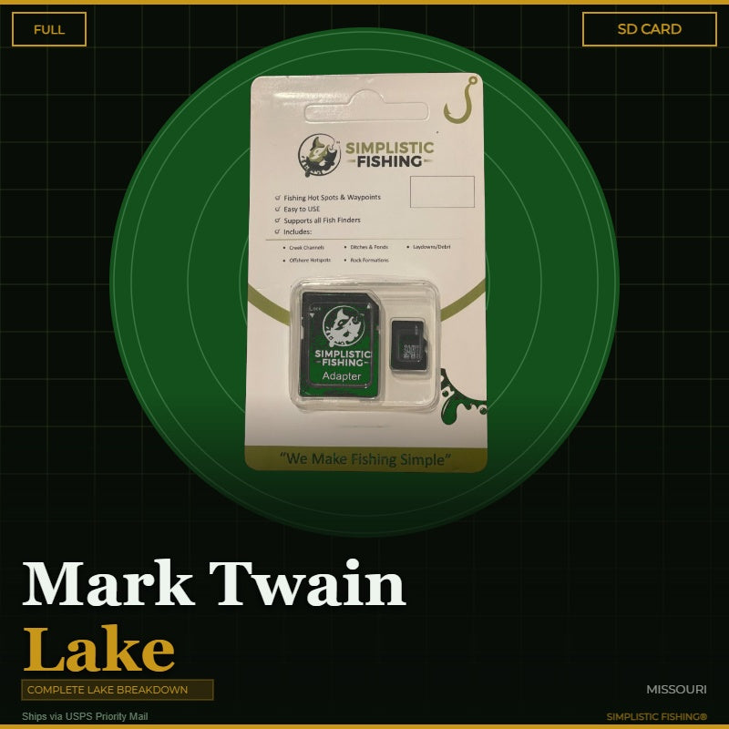 Packaging of Simplistic Fishing product with 'Mark Twain Lake' text on a green circular background