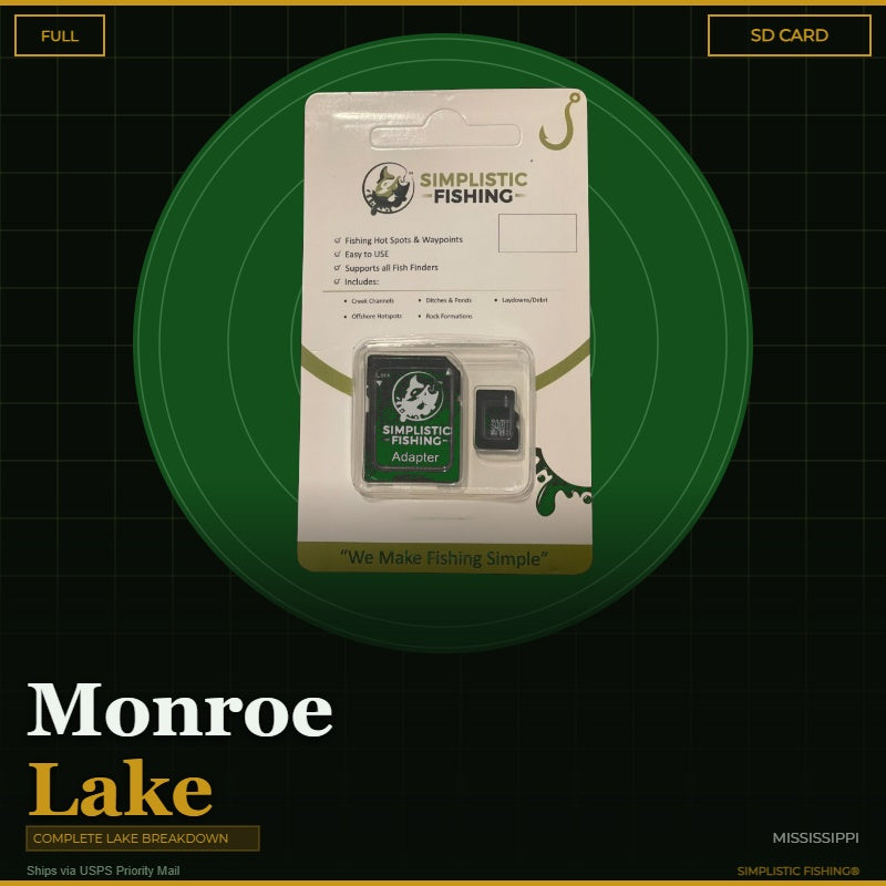 Packaging of Simplistic Fishing product on a green circle with text about Monroe Lake.