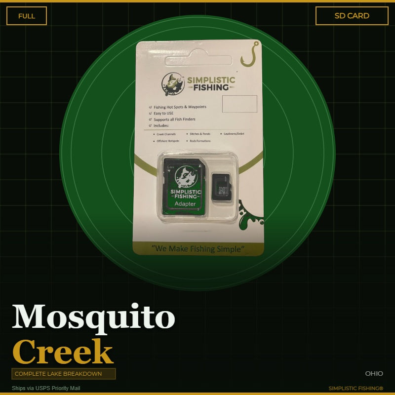 Packaged Simplistic Fishing product on a green and black background with 'Mosquito Creek' branding.