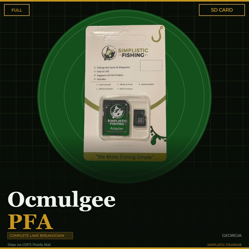 Simplistic Fishing SD card packaging on a green circle with 'Ocmulgee PFA' text.