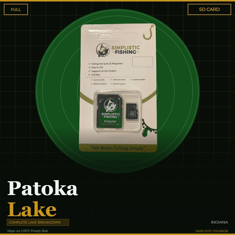 Packaging of Simplistic Fishing product with SD card on a green circle background