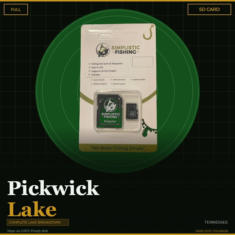 Packaging of Simplistic Fishing products on a green circle with 'Pickwick Lake' text.
