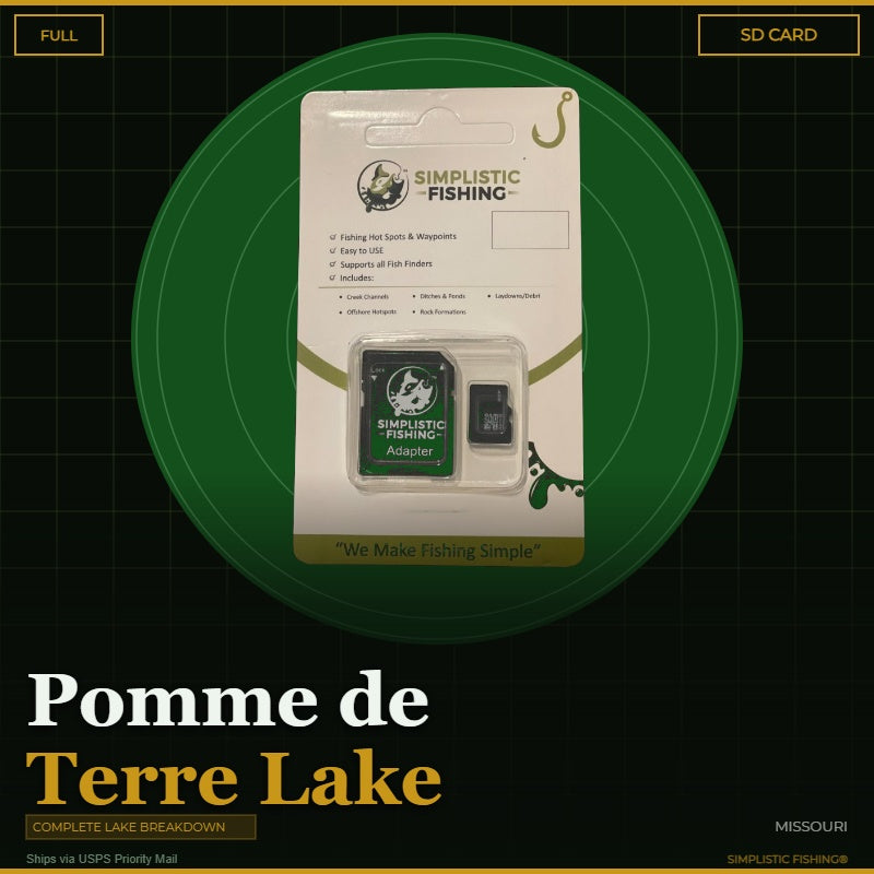 Packaging of Simplistic Fishing SD card and adapter on a green background with text overlay.