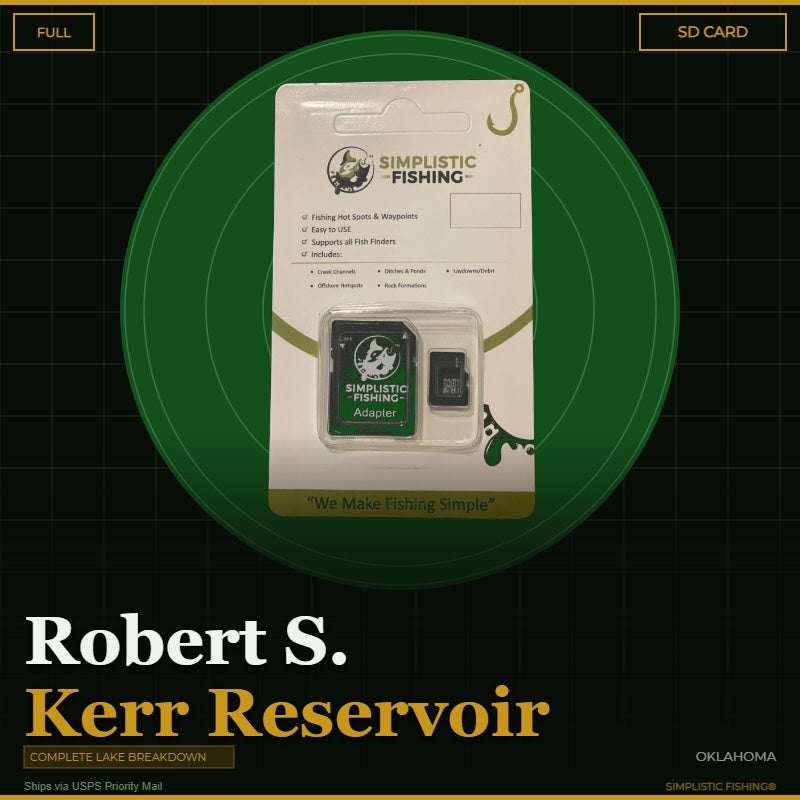 Packaging of Simplistic Fishing product with SD card on a green circular background