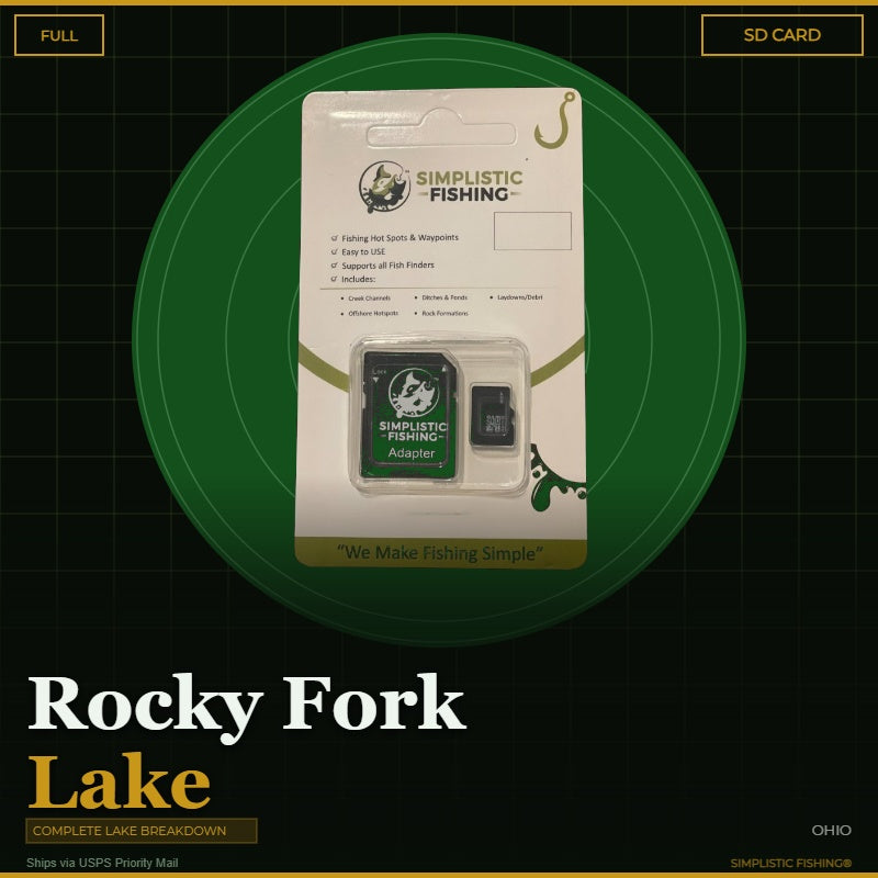 Simplistic Fishing SD card packaging on a green circle with 'Rocky Fork Lake' text.