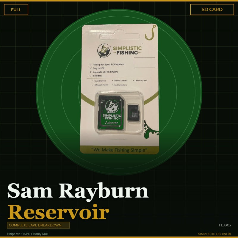 Product packaging for Simplistic Fishing on a green circle with text about Sam Rayburn Reservoir.