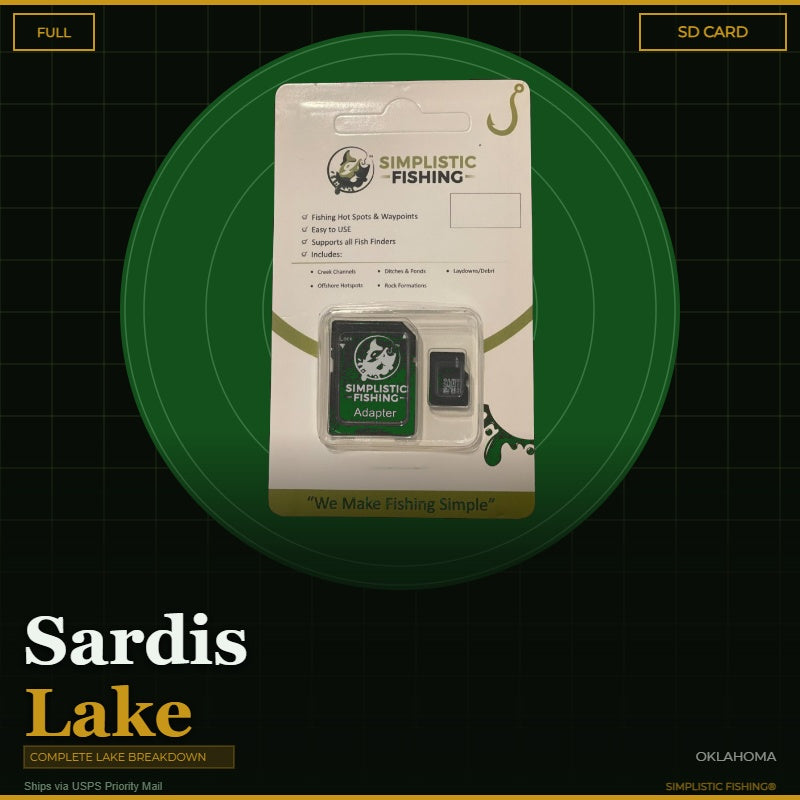 Simplistic Fishing SD card packaging on a green circle with 'Sardis Lake' text.