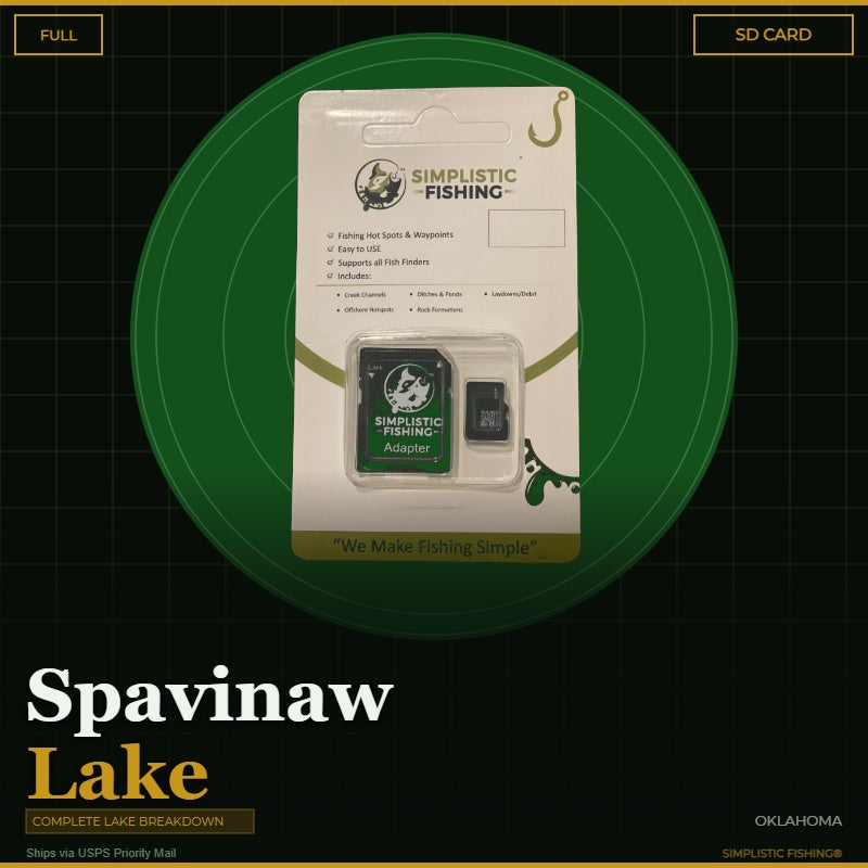 Packaging of Simplistic Fishing products on a green circle with 'Spavinaw Lake' text.