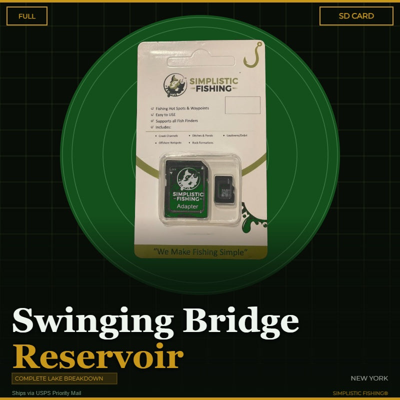 Product packaging for Simplistic Fishing on a dark background with text about Swinging Bridge Reservoir.