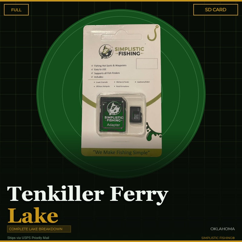 Product packaging for Simplistic Fishing on a green circle with text about Tenkiller Ferry Lake, Oklahoma.