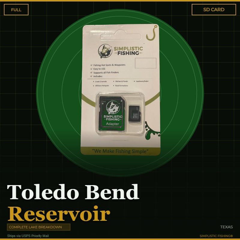 Simplistic Fishing product packaging with 'Toledo Bend Reservoir' text on a green circular background.