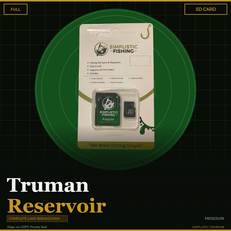 Simplistic Fishing SD card packaging on a green circle with 'Truman Reservoir' text.