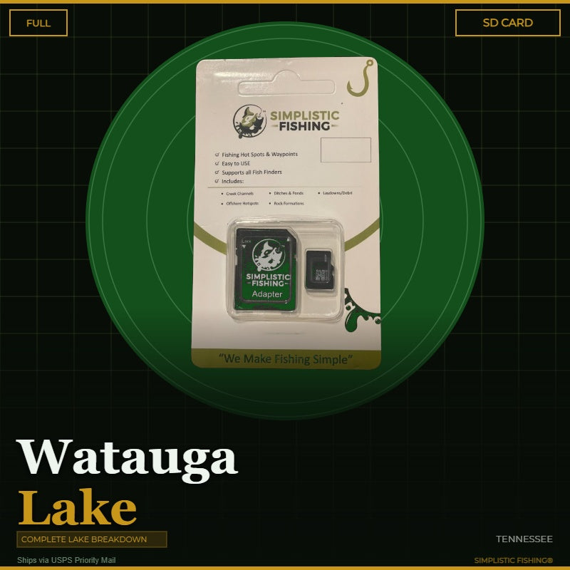 Packaging of Simplistic Fishing products on a green circle with 'Watauga Lake' text.