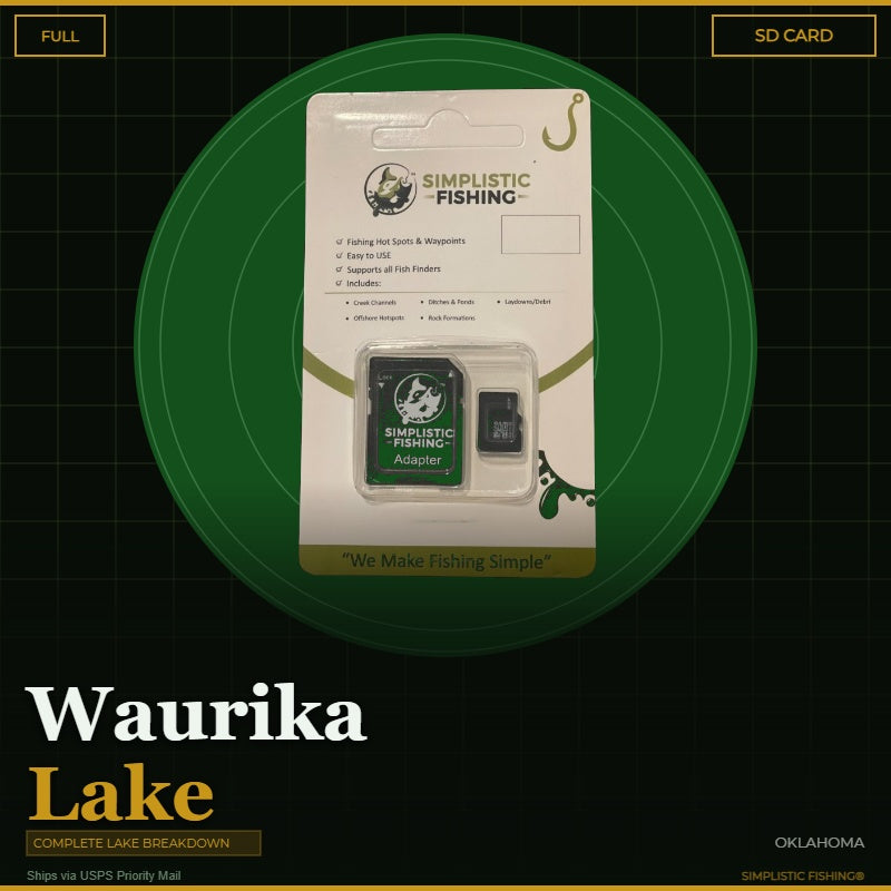Packaging of Simplistic Fishing SD card and adapter on a green circle with 'Waurika Lake' text.