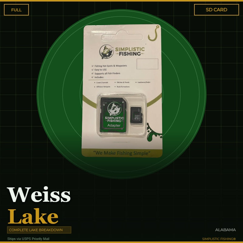 Packaging of Simplistic Fishing SD card and adapter on a green background with 'Weiss Lake' branding.